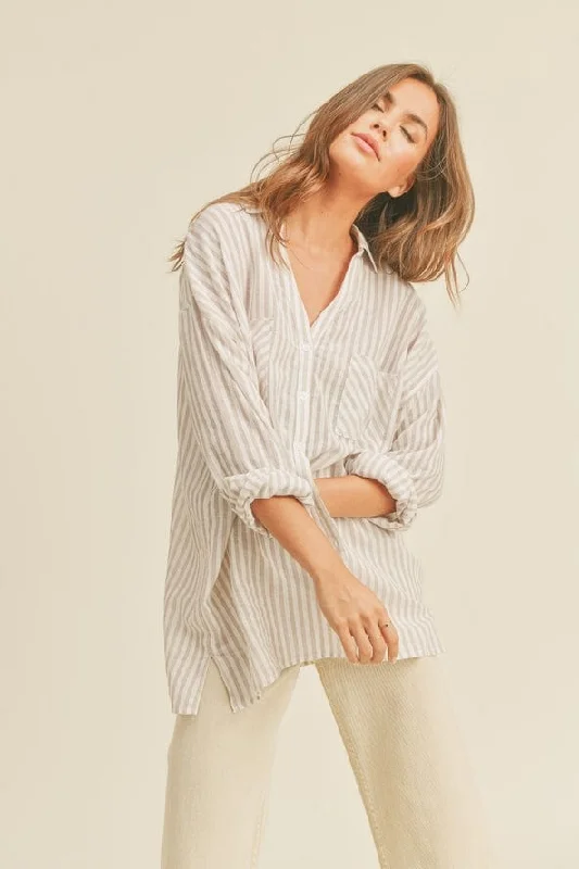 Miou Muse Striped Button Down Shirt in Beige-- Terry Blend Velvet Blend Canvas Blend Miou Muse Striped Button Down Shirt in Beige-- Terry Blend Velvet Blend Canvas Blend
