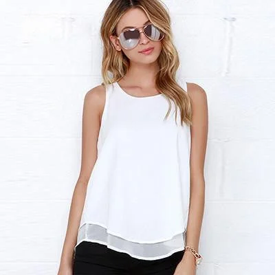 Tee Shirt Style Women Tops Sleeveless Double Layer Loose White Blouse-- Casual Formal Business Tee Shirt Style Women Tops Sleeveless Double Layer Loose White Blouse-- Casual Formal Business