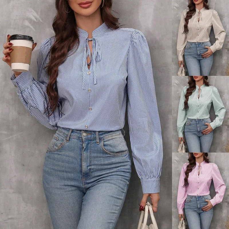 Women's V-neck Lace-up Button Striped Long Sleeve Shirt-- Collared Crew Neck Turtle Neck Women's V-neck Lace-up Button Striped Long Sleeve Shirt-- Collared Crew Neck Turtle Neck