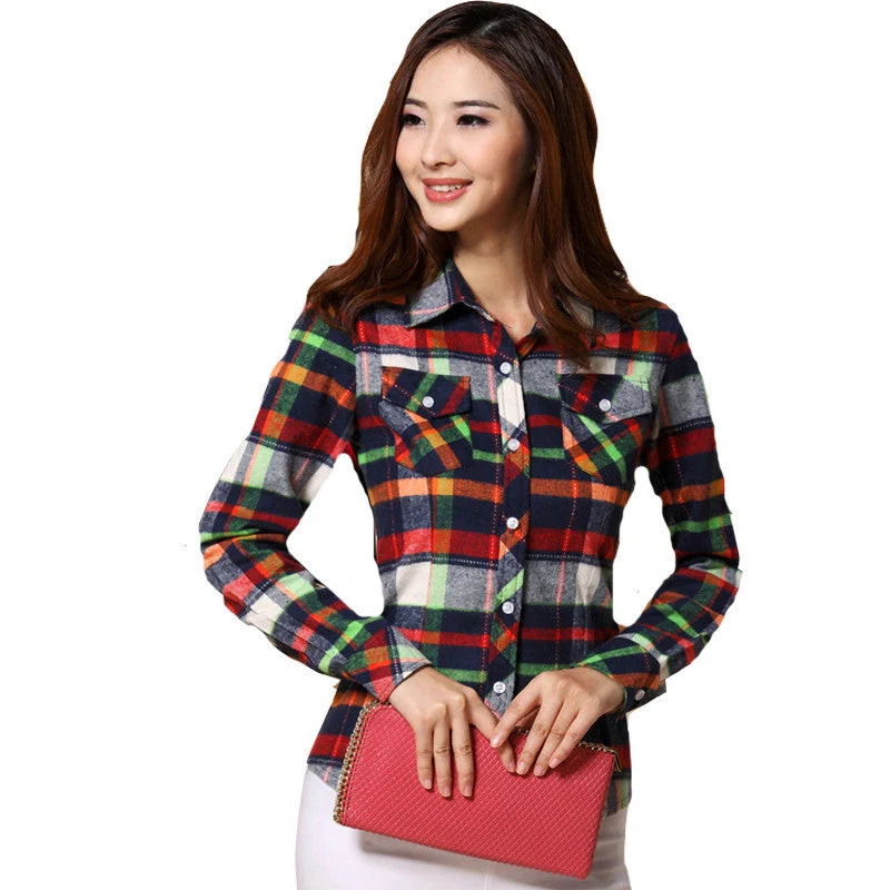 blouse women blouses shirt plaid vetement-- Embroidered Appliqued Beaded