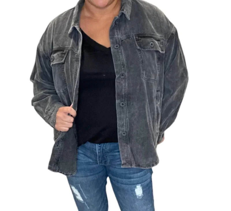 Corduroy Button Down Shirt Shacket In Washed Black-- Collared Crew Neck Turtle Neck