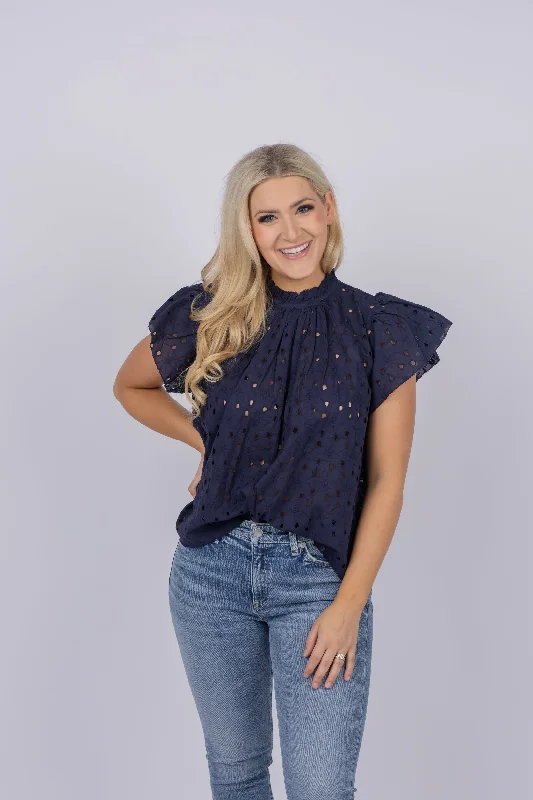Trovata Carla Highneck Shirt in Inkwell Eyelet-- Mesh Blend Leather Blend Suede Blend Trovata Carla Highneck Shirt in Inkwell Eyelet-- Mesh Blend Leather Blend Suede Blend