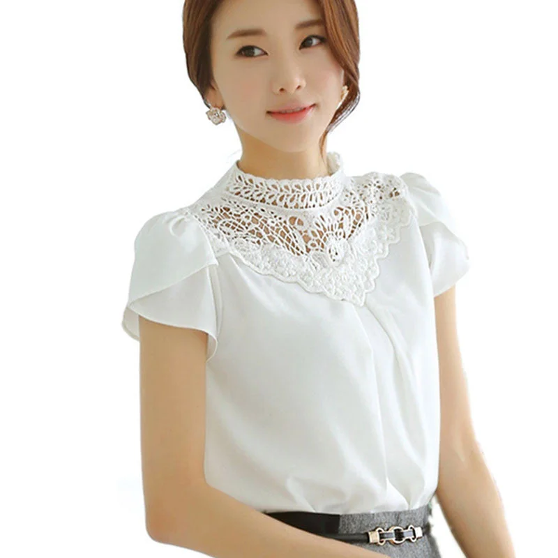 Elegant White Tops Women Chiffon Lace Blouse Vintage Lotus Leaf Sleeve Crochet Lace Shirt Women Lace Tops Plus Size XXL-- Welt Pockets Slit Pockets