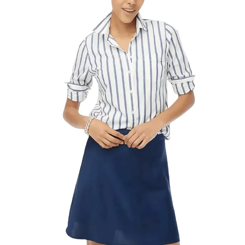 Lightweight Cotton Blend Shirt Top In Blue White-- Striped Floral Plaid