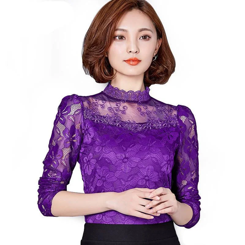 Women lace tops Fashion Elegant blouse shirt Long-sleeve Hollow lace shirt-- Plaid T-Shirt Polka Dot Checkered