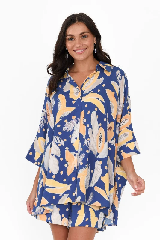 Calisa Blue Fruity Collared Shirt-- Striped Floral Plaid