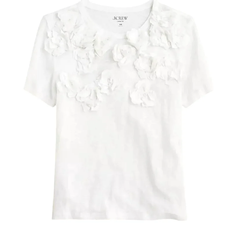 Women's Linen Floral Appliques Shirt Top In White-- Houndstooth Herringbone Solid