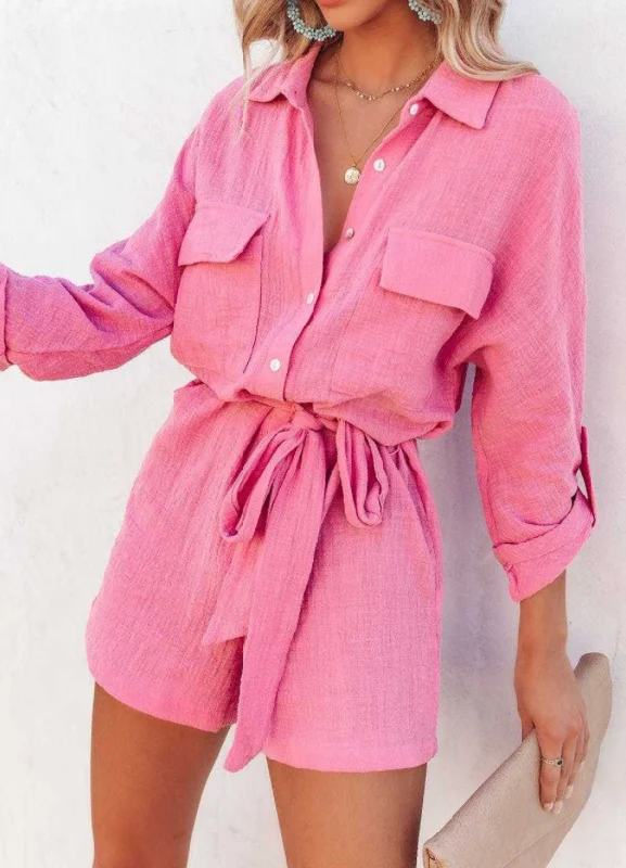 Rose Roll Tab Sleeve Button Shirt Style Belted Romper-- Welt Pockets Slit Pockets