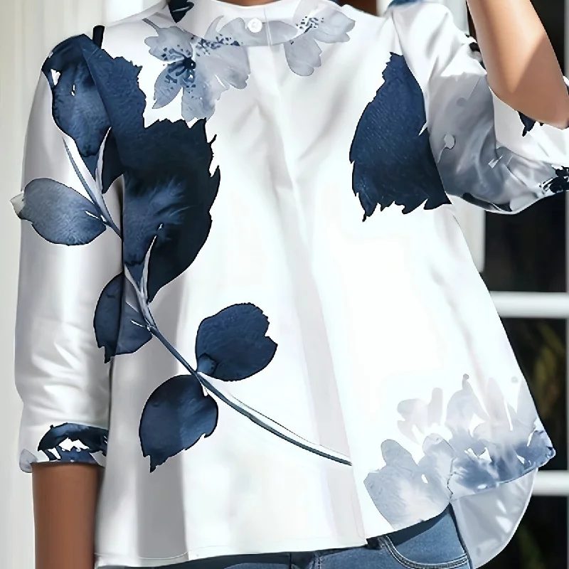 Flower Plant Print Stand Collar Long-sleeved Shirt-- Beaded Sequined Faux Fur