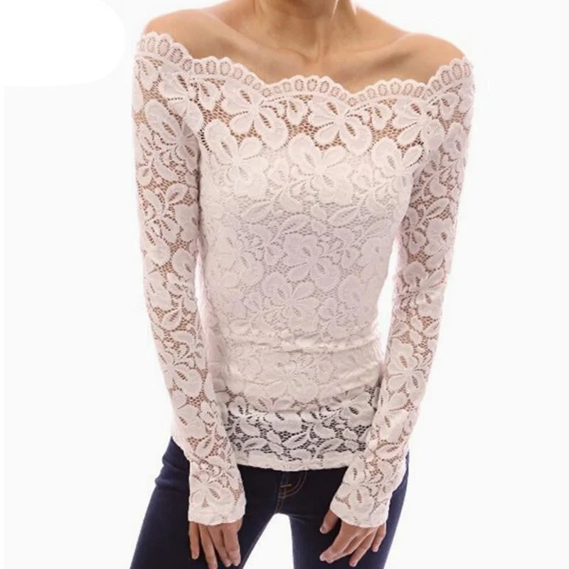 Women Off Shoulder Slash Neck Lace Solid Shirts Long Sleeve Slim Casual Tops Blouse Plus Size-- Chenille Blend Fleece Blend Nylon Blend Women Off Shoulder Slash Neck Lace Solid Shirts Long Sleeve Slim Casual Tops Blouse Plus Size-- Chenille Blend Fleece Blend Nylon Blend