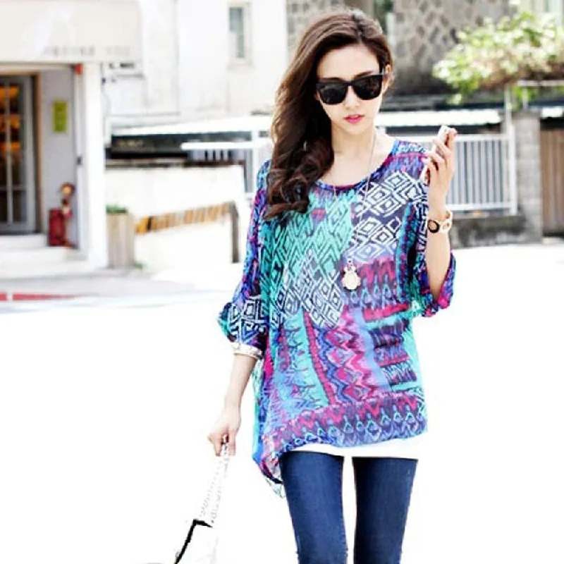 Women Casual Chiffon Blouses Bohemia Print Loose Batwing Sleeve Tops Shirt-- Denim Fabric Leather Fabric Suede Fabric Women Casual Chiffon Blouses Bohemia Print Loose Batwing Sleeve Tops Shirt-- Denim Fabric Leather Fabric Suede Fabric