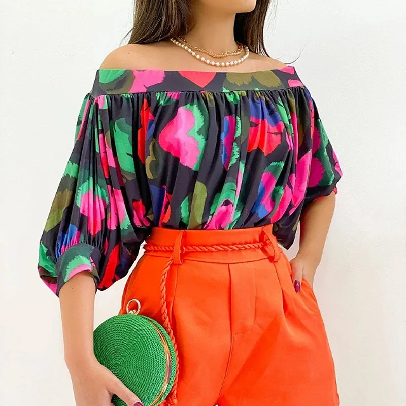 Women'S Fashion Color Contrast Pleated Off Shoulder Shirt-- Nylon Fabric Polyester Fabric Spandex Fabric Women'S Fashion Color Contrast Pleated Off Shoulder Shirt-- Nylon Fabric Polyester Fabric Spandex Fabric