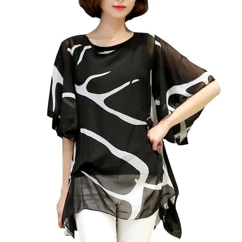 Women Blouses Loose Elegant Ruffle Chiffon Blouse Shirt Casual Women Tops Plus Size Women Clothing-- Graphic T-Shirt Round Neck Polyester