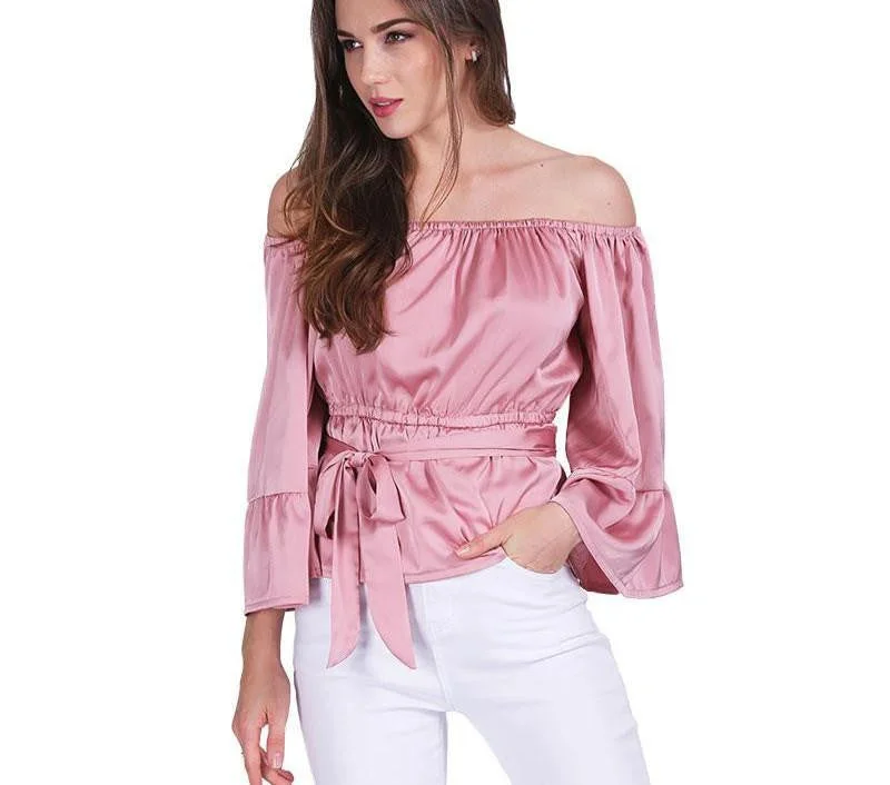 sexy off shoulder ruffle bow blouse shirt Soft satin flare sleeve tops Elegant party women blouses-- Cozy Warm Stylish sexy off shoulder ruffle bow blouse shirt Soft satin flare sleeve tops Elegant party women blouses-- Cozy Warm Stylish