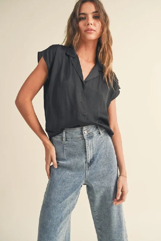 Miou Muse Button Down Cap Sleeve Shirt in Black-- Houndstooth Herringbone Solid