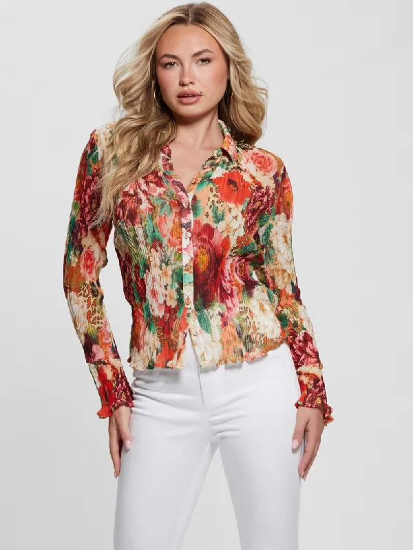 VIVENNE PLEATED BUTTON UP SHIRT-- Satin Fabric Silk Fabric Chiffon Fabric