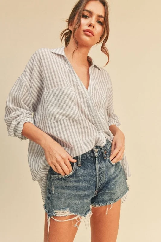 Miou Muse Striped Button Down Shirt in Grey-- Chenille Blend Fleece Blend Nylon Blend Miou Muse Striped Button Down Shirt in Grey-- Chenille Blend Fleece Blend Nylon Blend