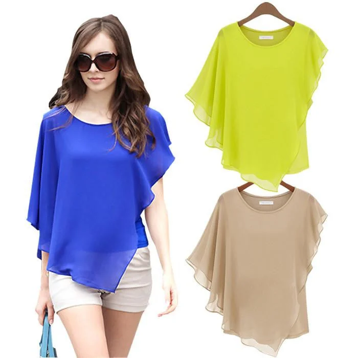 Women's Short-sleeved Flounced Chiffon Blouse Tops Bat Shirt 3 Colors HB88-- Graphic Embroidered Appliqued Women's Short-sleeved Flounced Chiffon Blouse Tops Bat Shirt 3 Colors HB88-- Graphic Embroidered Appliqued