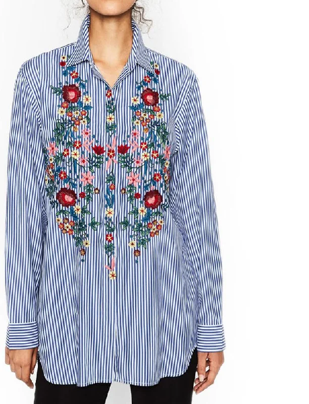 Striped Flower Embroidery Blouses Cute ZA Turn-down Collar Blouse Trendy Women Long Sleeve Casual HI-LO Side Split Shirt Top-- Zippered Buttoned Snapped Striped Flower Embroidery Blouses Cute ZA Turn-down Collar Blouse Trendy Women Long Sleeve Casual HI-LO Side Split Shirt Top-- Zippered Buttoned Snapped