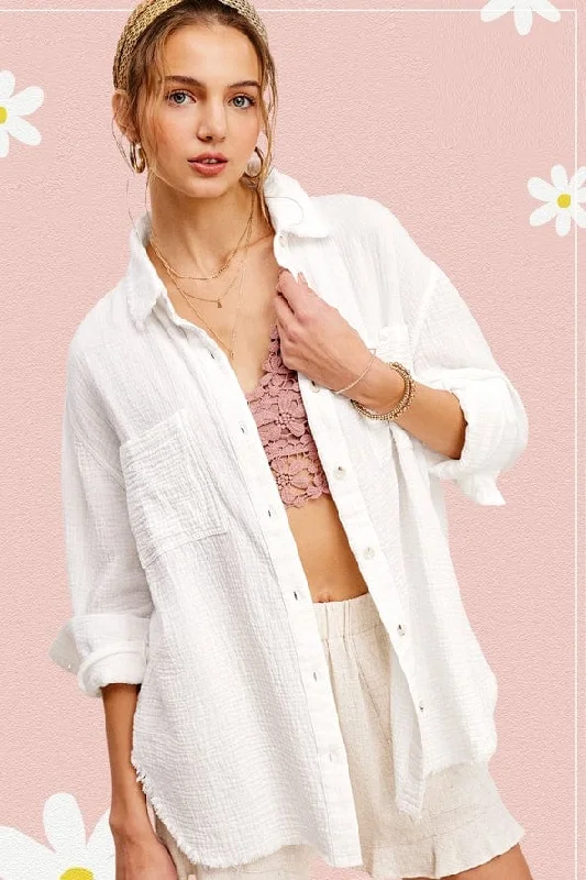 La Miel Button Down Gauze Shirt-- Zippered Front Buttoned Front Snap Front
