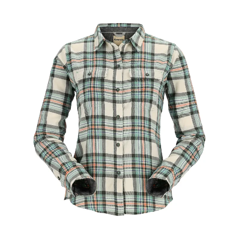 Simms Womens Santee Flannel Shirt Seafoam Camp Plaid-- Zippered Buttoned Snapped