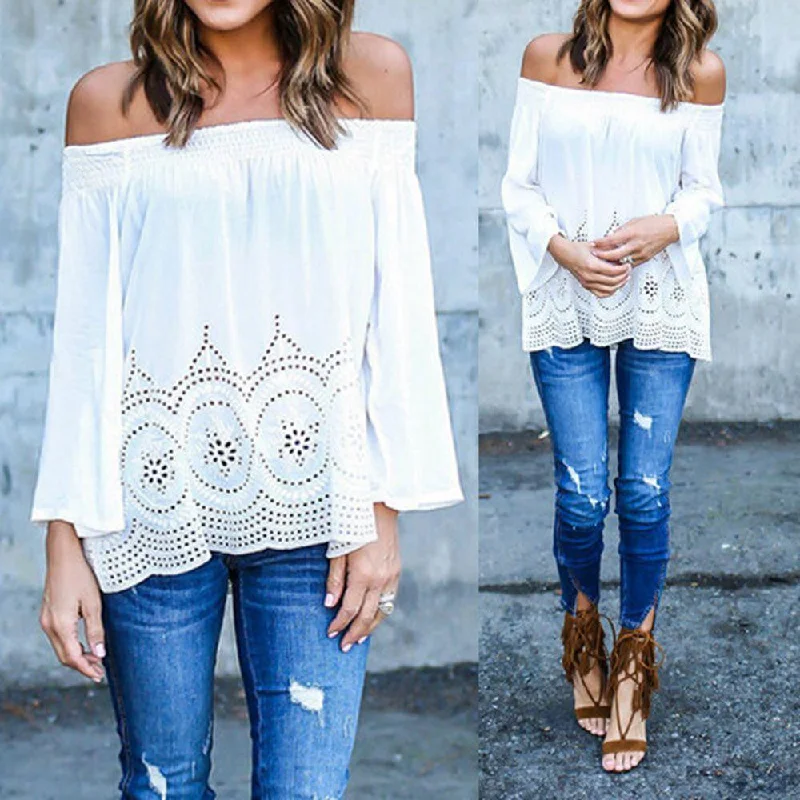 Off Shoulder Women Blouse Casual Elastic Slash Neck Lace Crochet Tops Shirts Plus Size Long Sleeve-- Fleece Nylon Spandex