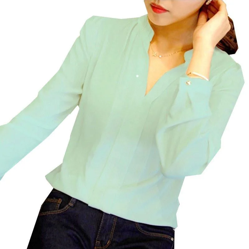 Women's Long-sleeved Green Solid Chiffon Shirt Elegant White Blouse V-neck Plus Size Women Blouses Office-- Denim Fabric Leather Fabric Suede Fabric Women's Long-sleeved Green Solid Chiffon Shirt Elegant White Blouse V-neck Plus Size Women Blouses Office-- Denim Fabric Leather Fabric Suede Fabric