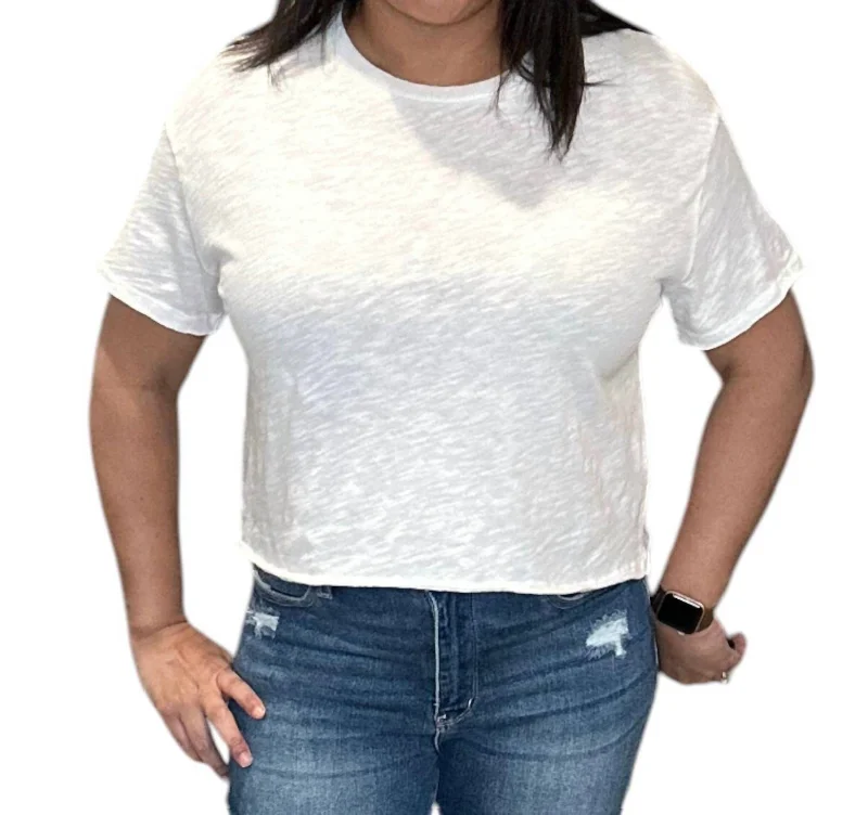 Raw Edge Cropped Tee Shirt In Cream-- Satin Blend Silk Blend Wool Blend