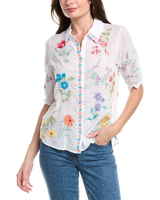 Johnny Was Evangeline Smocked Lisbon Shirt-- Solid Print Embellished