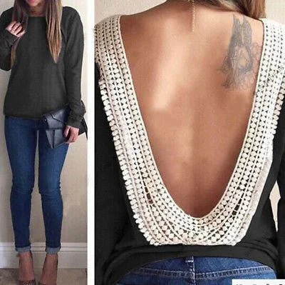 Women Backless Tops T-Shirt Long Sleeve Casual Lace Open Back-- Boxy Fit Fitted Loose Women Backless Tops T-Shirt Long Sleeve Casual Lace Open Back-- Boxy Fit Fitted Loose