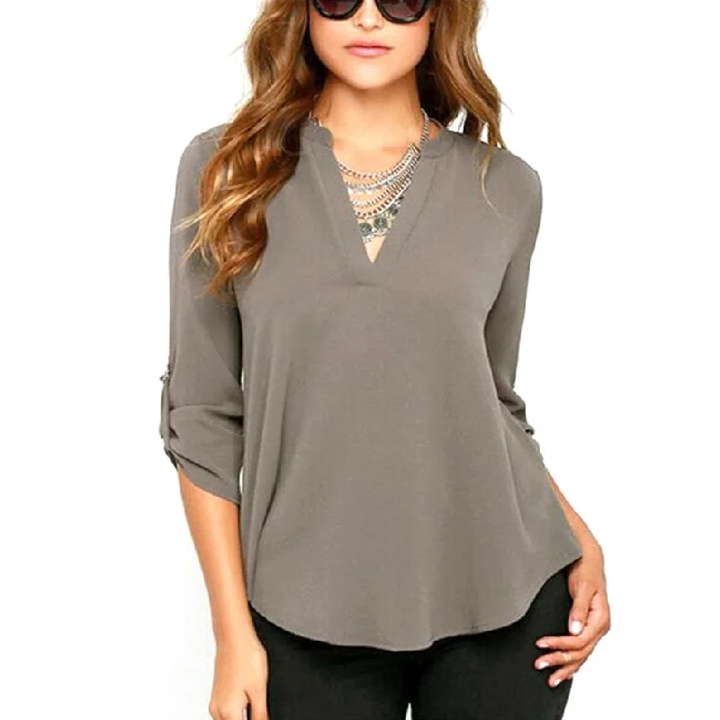 Women V Neck Solid Chiffon Blouse Tops Fashion OL Long Sleeve Shirt Blouses 4 Colors Size M-XXL-- Asymmetrical Pockets Print