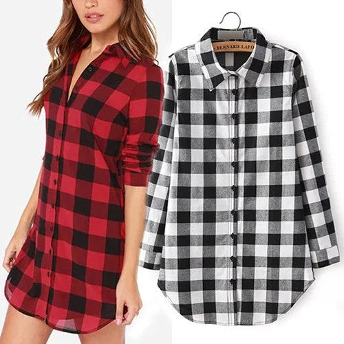 Fashion Women Long Sleeve Plaid Print Shirt Single Breasted Cotton Shirt Blouses-- Elasticated Padded Insulated