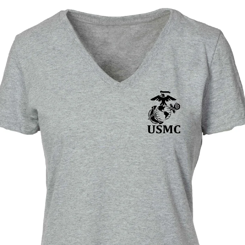 Women's V-Neck Left Chest USMC Eagle, Globe and Anchor T-shirt-- Notch Collar Peter Pan Collar Cowl Neck Women's V-Neck Left Chest USMC Eagle, Globe and Anchor T-shirt-- Notch Collar Peter Pan Collar Cowl Neck