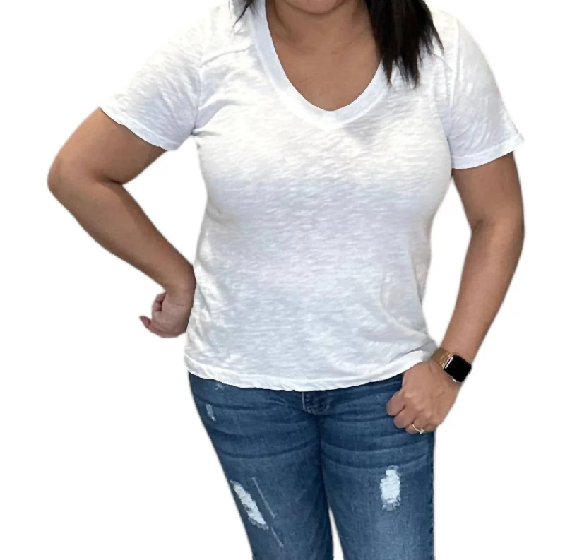 Shoulder Seam V Neck Tee Shirt In White-- Hooded Caped Shawl Collar
