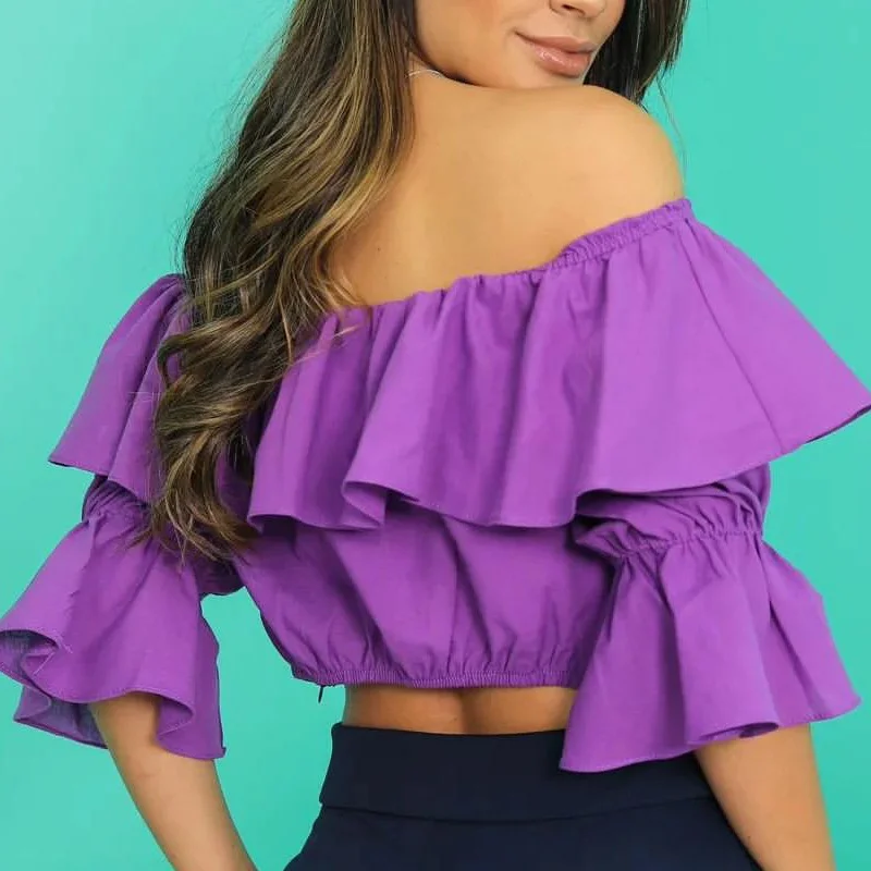 Women'S Fashion Solid Color One-Neck Ruffled Cropped Shirt-- Rayon Fabric Velvet Fabric Corduroy Fabric Women'S Fashion Solid Color One-Neck Ruffled Cropped Shirt-- Rayon Fabric Velvet Fabric Corduroy Fabric