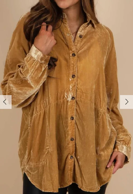 Gold Solid Color Long Sleeve Vintage Button Up Shirt-- Rayon Velvet Corduroy