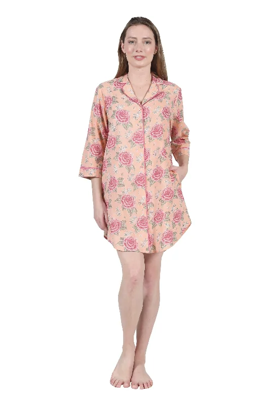 La Cera Long Sleeve Floral Sleep Shirt-- Collared Crew Neck Turtle Neck