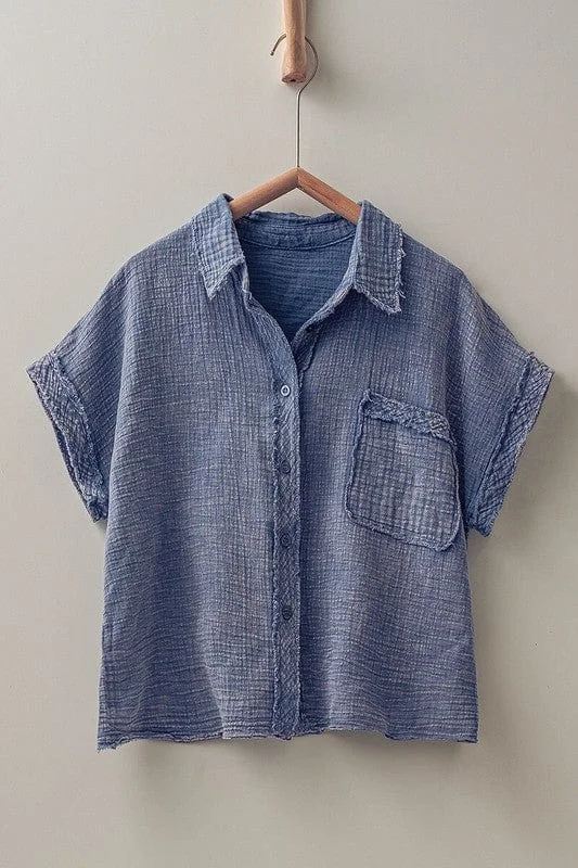 Urban Daizy Row Edge Mineral Washed Gauze Short Sleeve Shirt-- Solid Print Embellished Urban Daizy Row Edge Mineral Washed Gauze Short Sleeve Shirt-- Solid Print Embellished