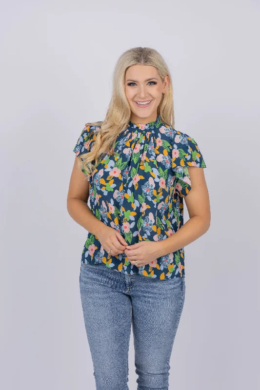 Trovata Carla Highneck Shirt in Wild Hibiscus-- Polka Dot Checkered Tartan
