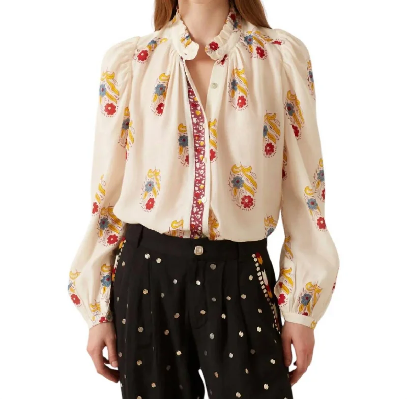 Kiki Shirt In Fireflower-- Notch Collar Peter Pan Collar Cowl Neck