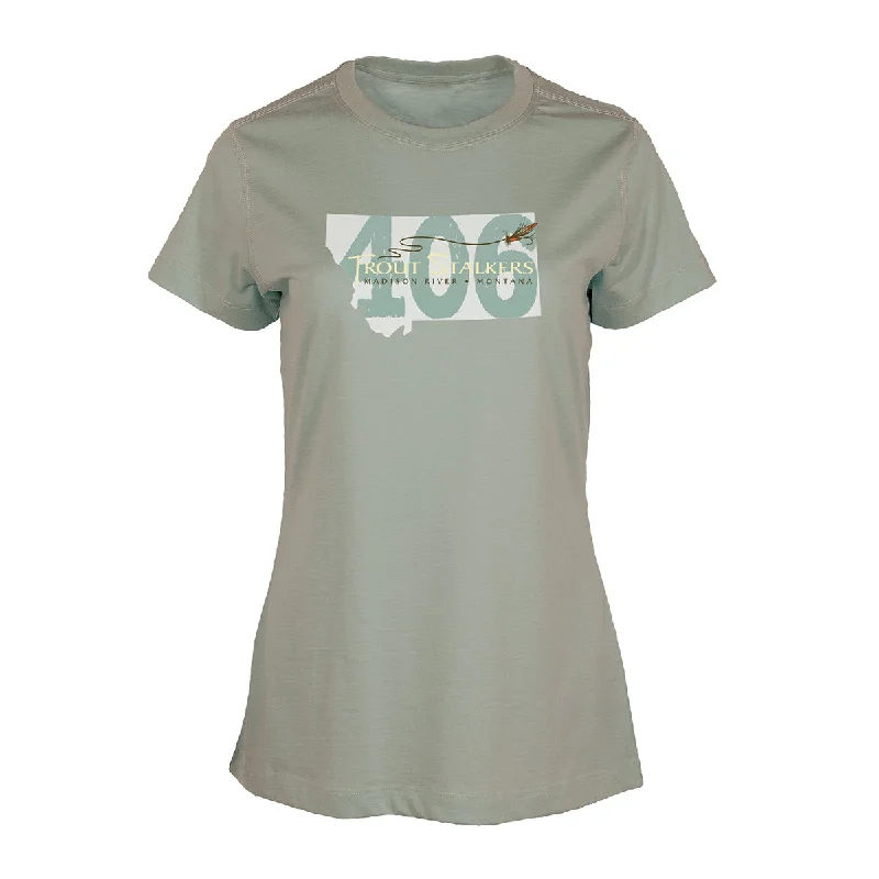 MTS Logo 406 Montana Womens Essential S/S T-Shirt Desert Sage-- Rayon Velvet Corduroy