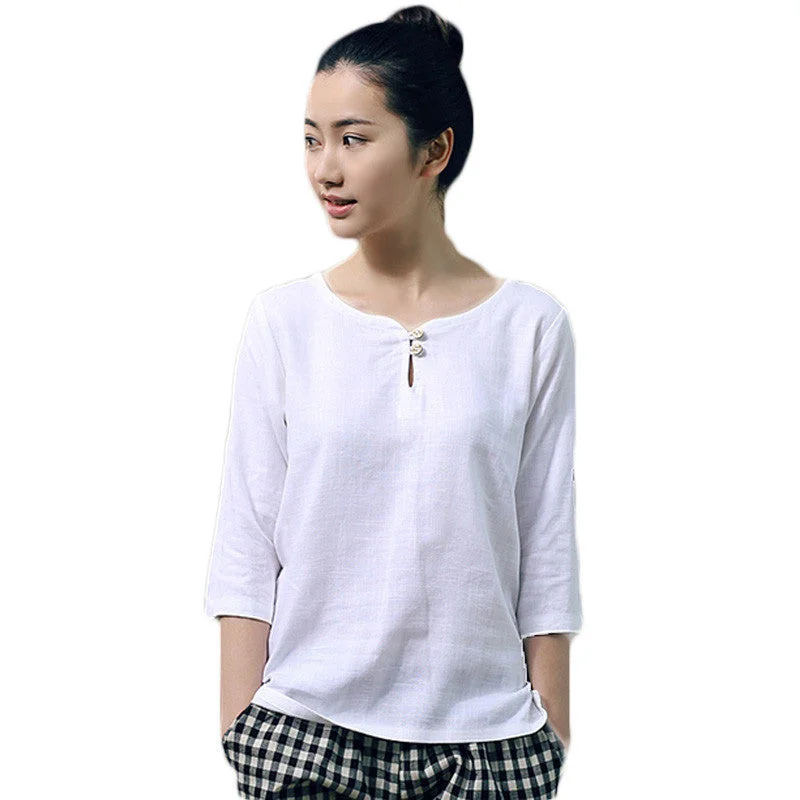 Elegant Women Shirts Ladies OL Linen Blouses Three Quarter Sleeve White Shirt for Women Tops-- Front Pockets Side Pockets Patch Pockets Elegant Women Shirts Ladies OL Linen Blouses Three Quarter Sleeve White Shirt for Women Tops-- Front Pockets Side Pockets Patch Pockets