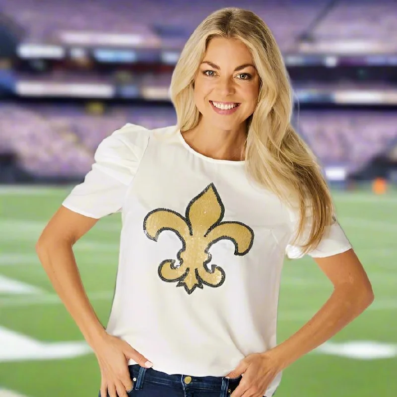 Stewart Simmons Fleur de Lis Sequin Puff Sleeve Shirt-- Embroidered Appliqued Beaded Stewart Simmons Fleur de Lis Sequin Puff Sleeve Shirt-- Embroidered Appliqued Beaded