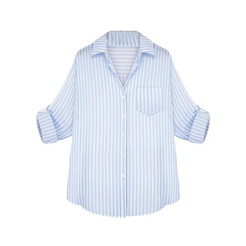 Women Sky Blue and White Striped Long Sleeve Shirt Down Collar Casual Office Lady Blouse-- Fitted T-Shirt Seamless Stretchy