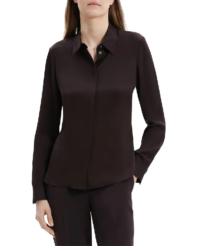 Theory Classic Fitted Silk Shirt-- Ribbed Striped Patterned