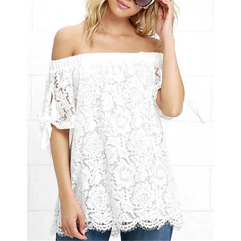 Off Shoulder Women Blouses Lace Crochet Shirts Fashion Short Sleeve Casual Tops-- Solid Color Striped Floral Off Shoulder Women Blouses Lace Crochet Shirts Fashion Short Sleeve Casual Tops-- Solid Color Striped Floral