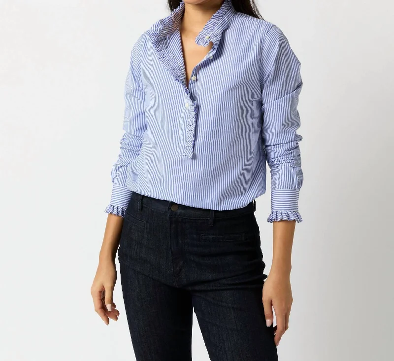 Frill Shirt In Blue Bengal Stripe Poplin-- Cozy Warm Stylish