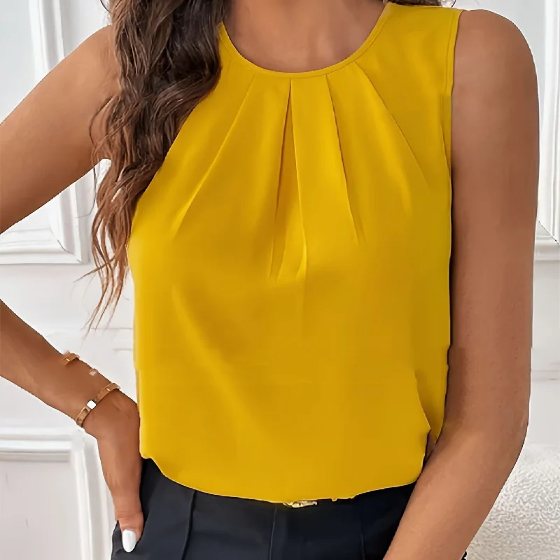 Sleeveless Button Versatile Simple Elegant Shirt Top-- Spandex Blend Rayon Blend Denim Blend