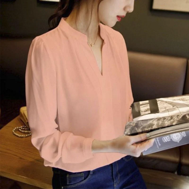Women Chiffon Shirt Blouse Ladies White Pink Elegant V-neck Long Sleeve Shirts Female Office Shirt Plus Size-- Mesh Canvas Denim