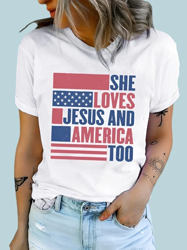Rosa Clothing USA Flag She Loves Jesus and America Too USA Tshirt-- Iron Safe Non-Iron Wrinkle Free Rosa Clothing USA Flag She Loves Jesus and America Too USA Tshirt-- Iron Safe Non-Iron Wrinkle Free